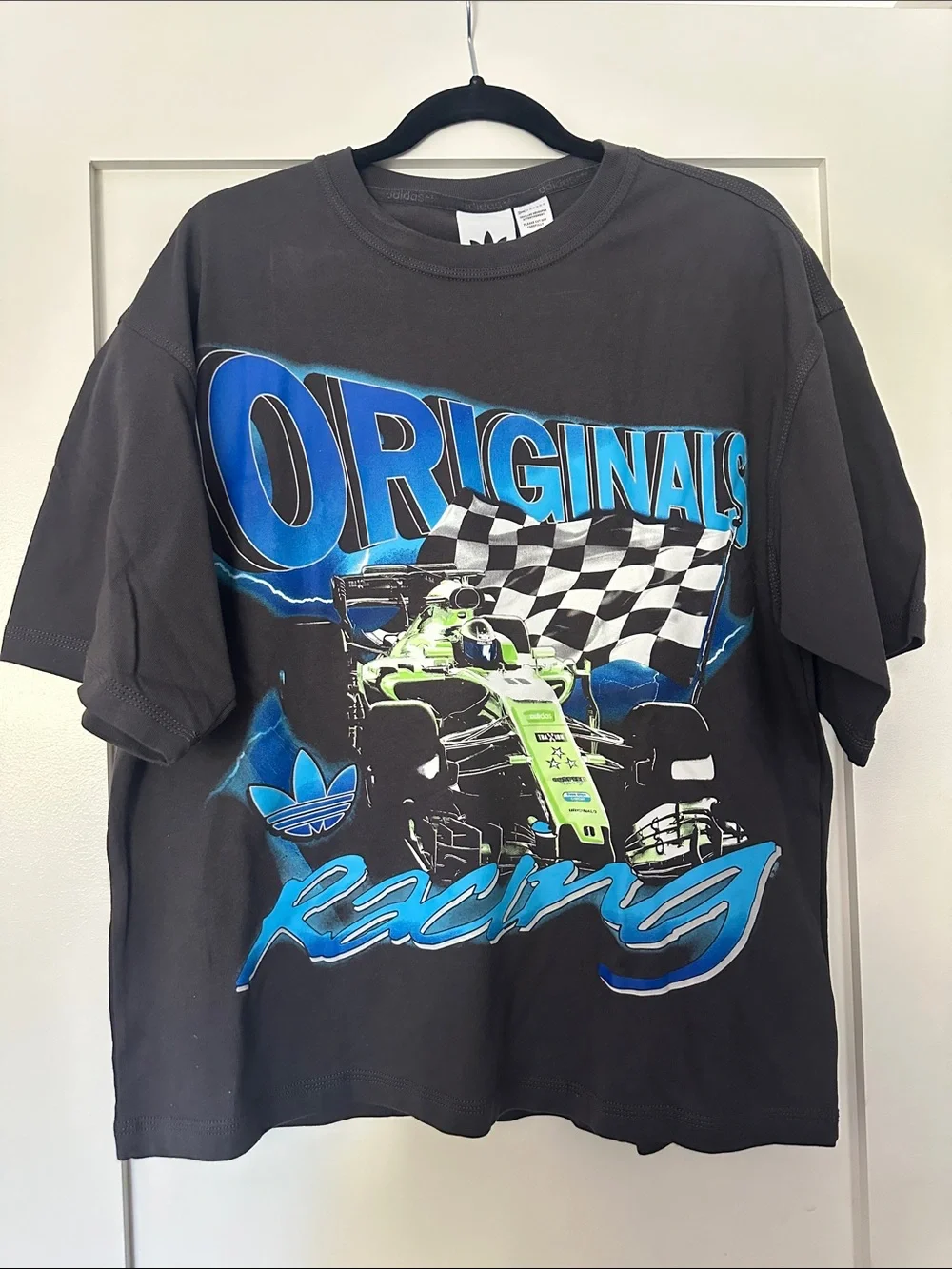 adidas Black Tee with Neon Green and Blue Racing Graphic